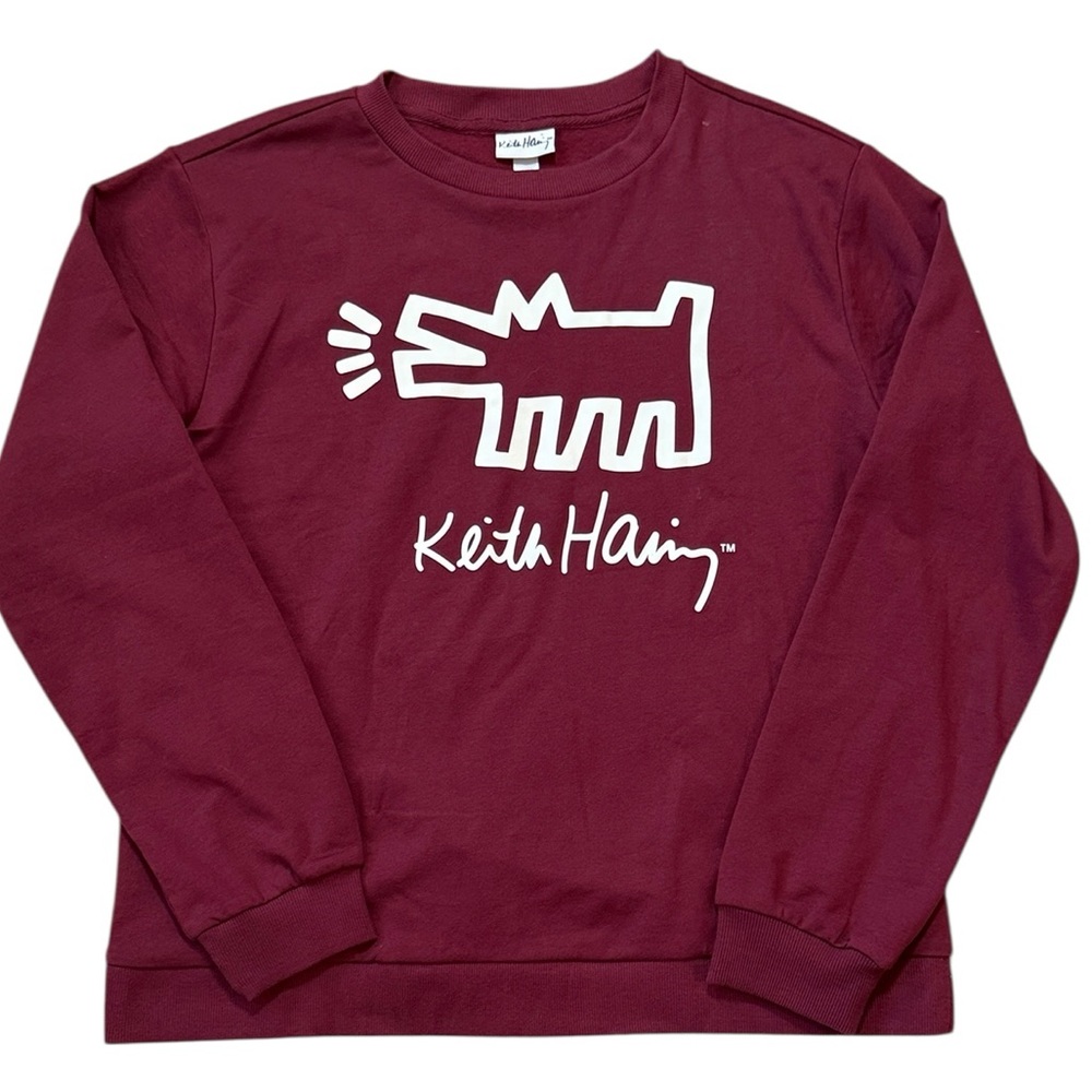 New Keith Haring Barking Dog Long-Sleeve T-Shirt Red/White Crew 60% Cotton Small